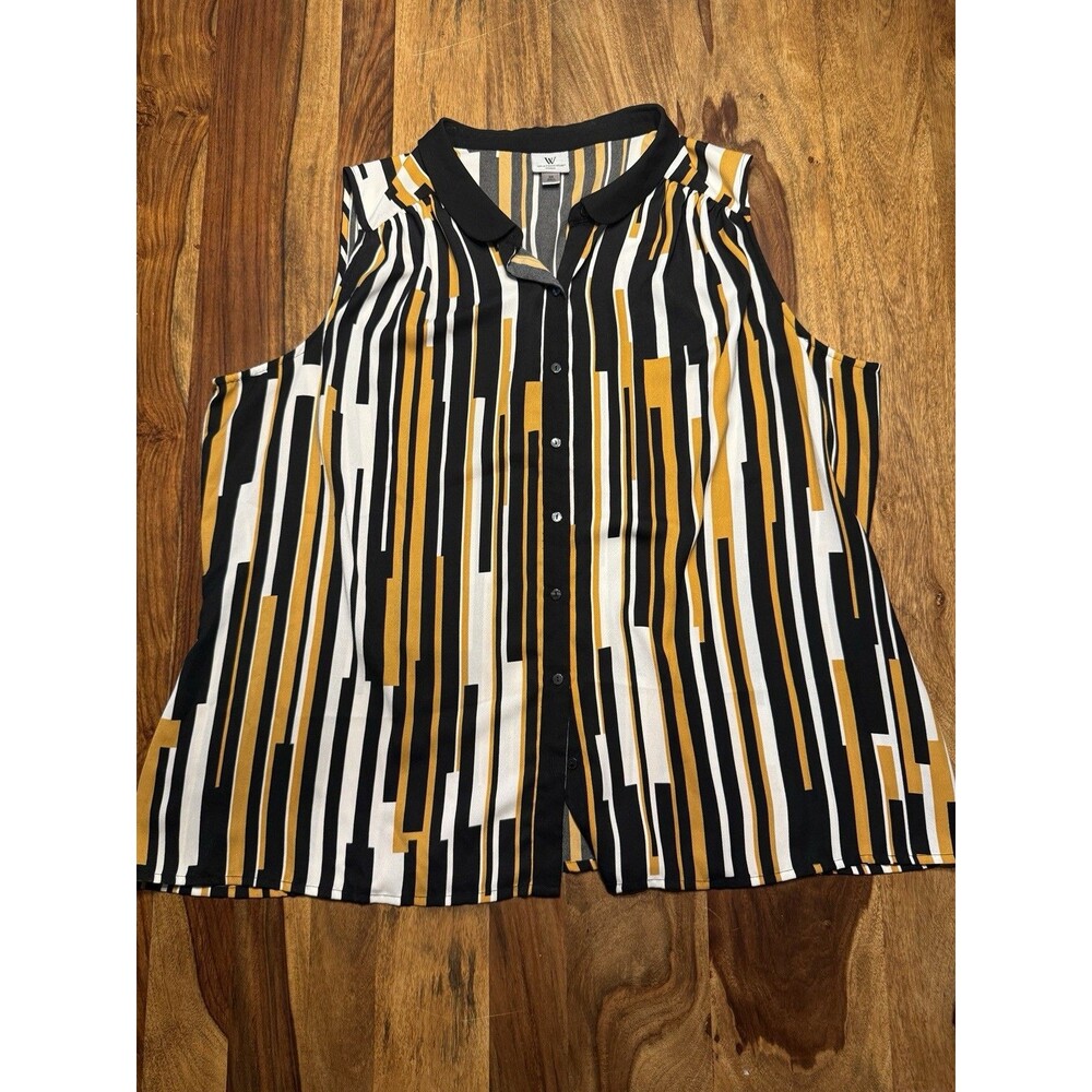 Worthington Sleeveless Top Geometric Black Gold White 70s Inspired Collard 3XL